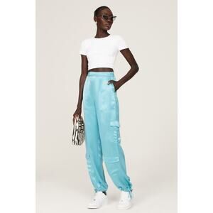 Nicholas Sz 2 Aqua Blue Nori High Waist Cinched Satin Cargo Pants silky unique